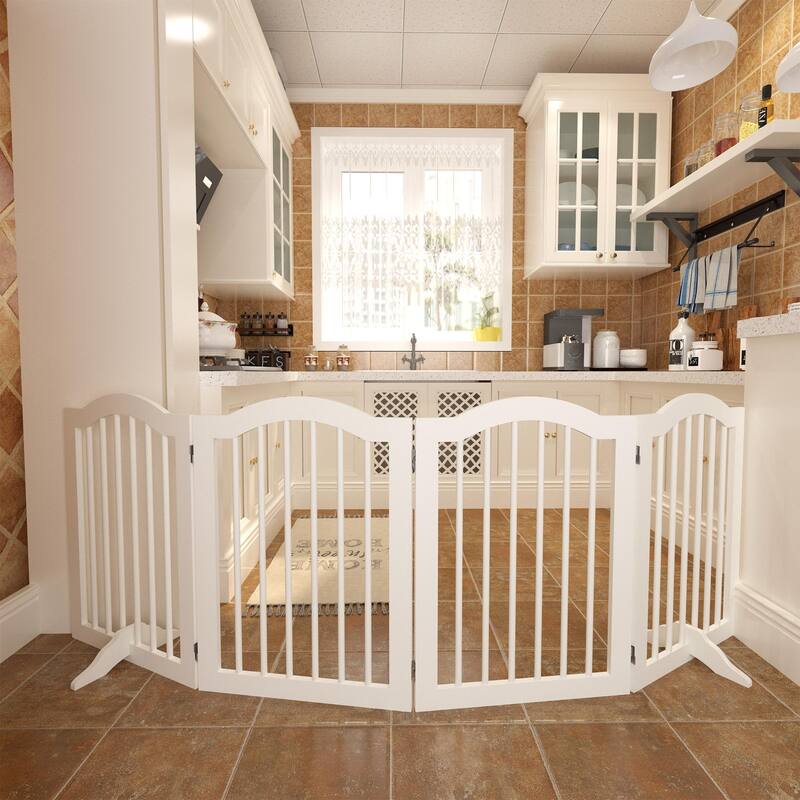 27.6"Height White Wooden 4-Panel Pet Gate Freestanding Foldable Playpen for Dogs Cats - 80”L x 0.70”W x 27.56”H
