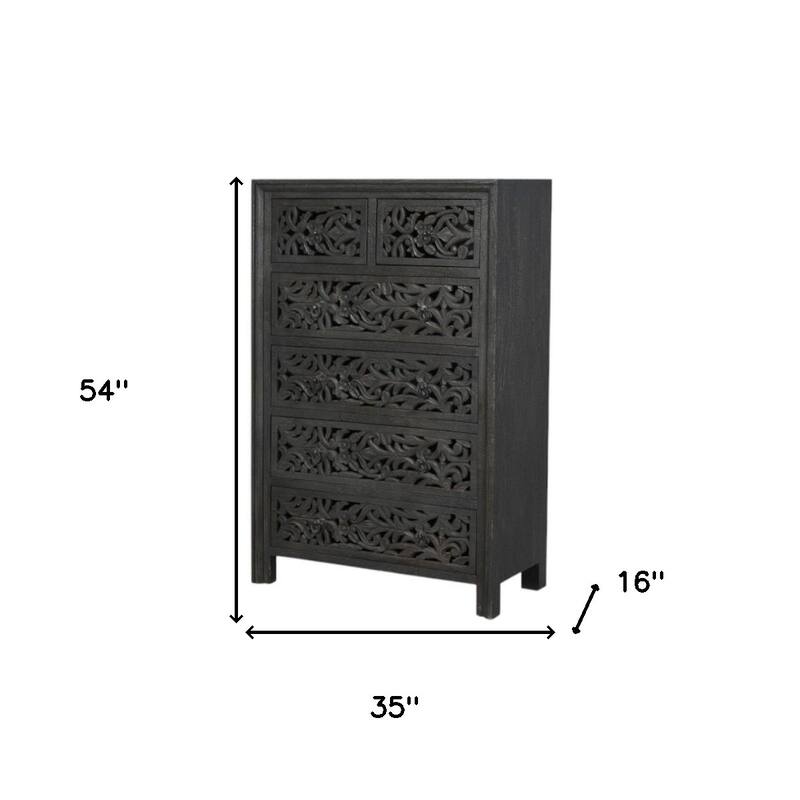 HomeRoots 35" Black Carved Floral Solid Wood Six Drawer Dresser
