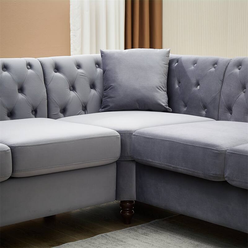 5-Seater Velvet L-Shaped Sectional Sofa with 3 Pillows and Wood Frame
