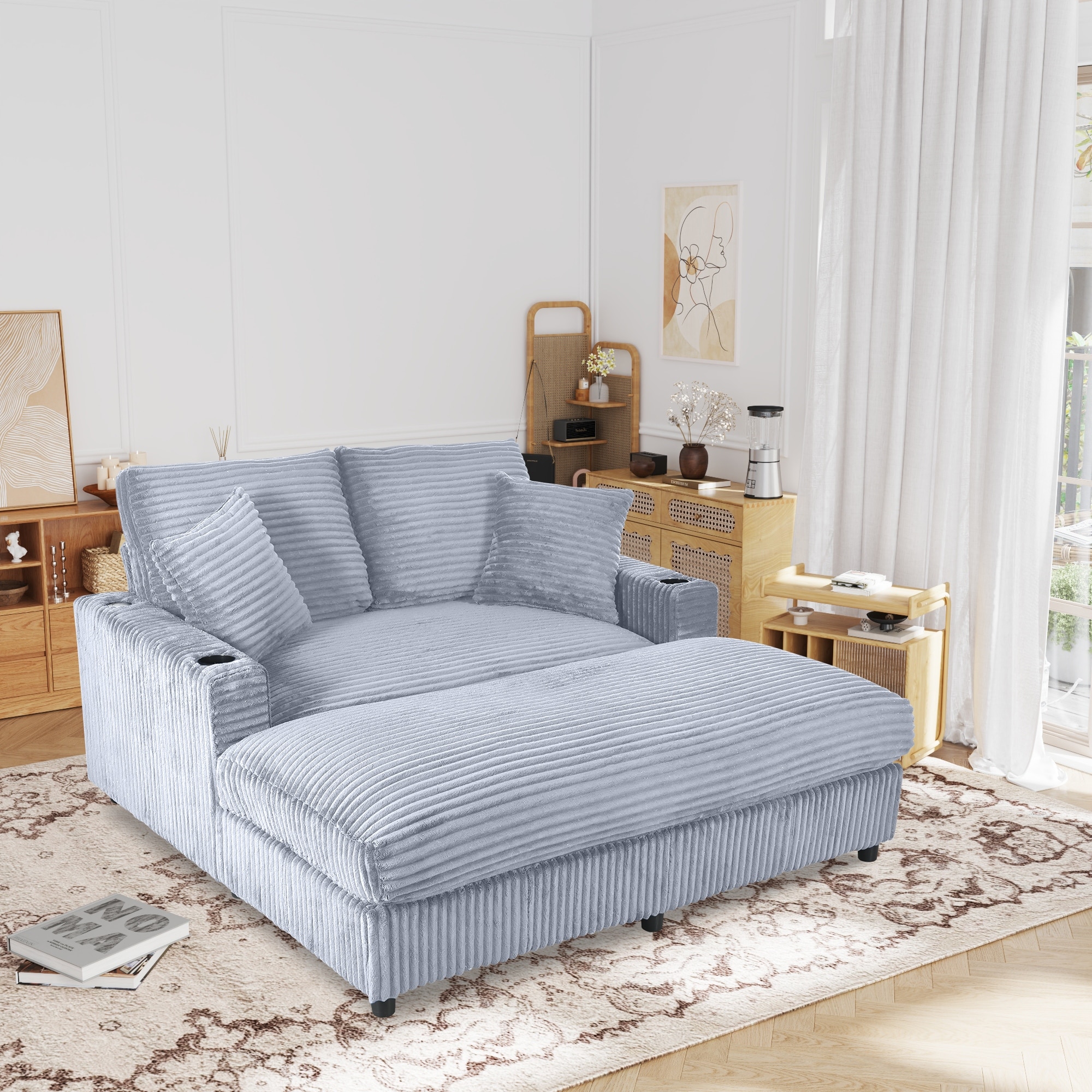 GDFStudio - Polyester 50.9" Loveseat Chaise Lounge Chair with Cup Holders