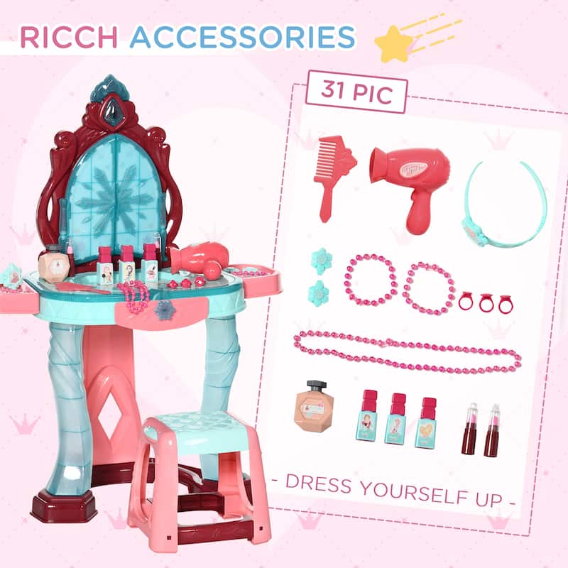 Kids Vanity Set with Self-Opening Magic Mirror, Princess Makeup Vanity Table Set with Music, Tabletop with Lights
