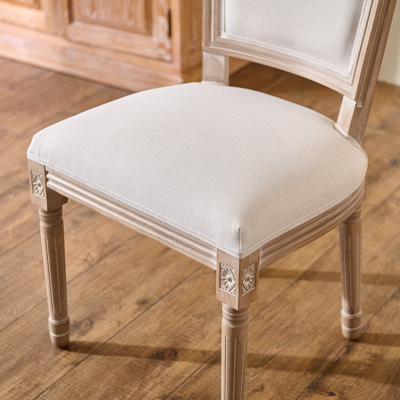 Set of 2 French Side Chairs with Carved Wood Legs & Linen Upholstery - Beige