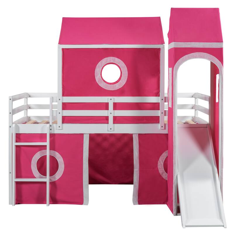 Roomfitters Twin Size Loft Bed with Slide, Pink Tent and Decorative Tower, Imaginative Play Space Frame, Pink