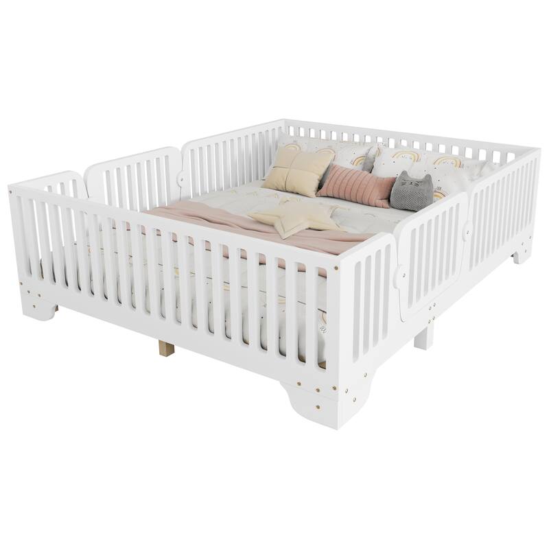 Montessori Floor Bed with Detachable Door, No Box Spring Needed, Kids Platform Bed with Slats and Fence