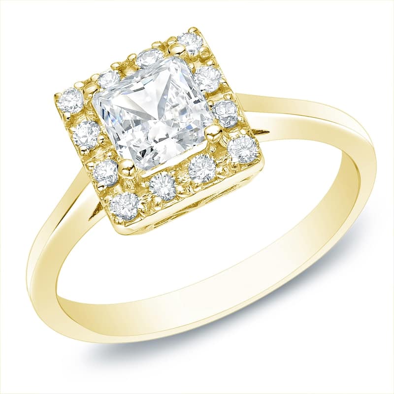 14k Gold 1/2ct TDW Square Princess-cut Diamond Halo Engagement Ring by Auriya - 4 - Yellow