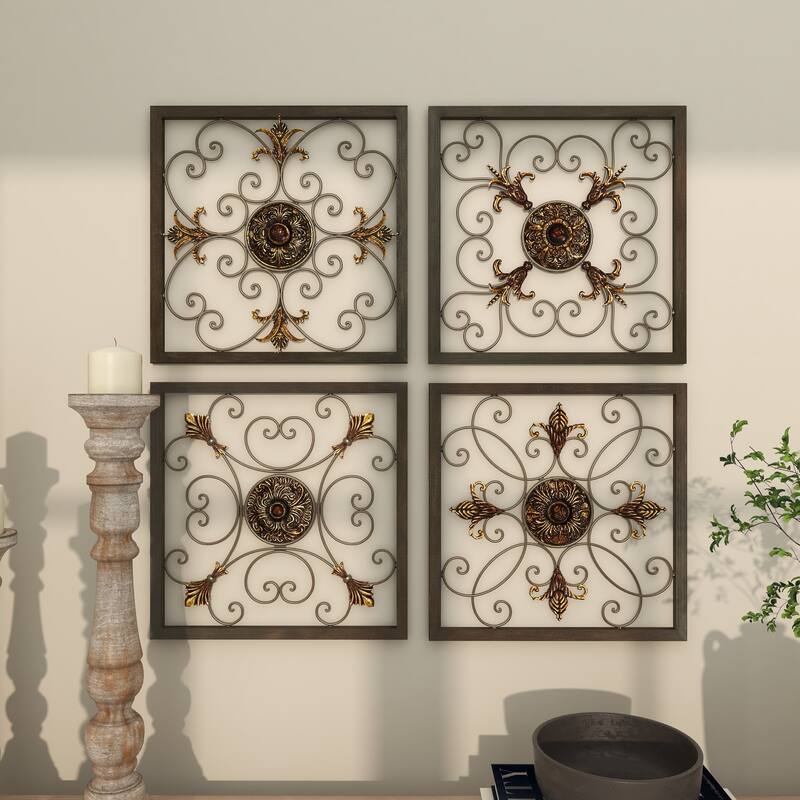 Brown Metal Wire Scroll Fleur De Lis Home Wall Decor with Gold Accents (Set of 4)