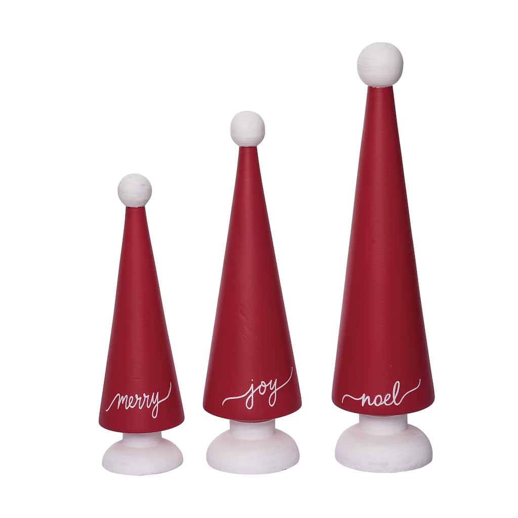 Transpac Wood 15 in. Red Christmas Cone Tree Set of 3