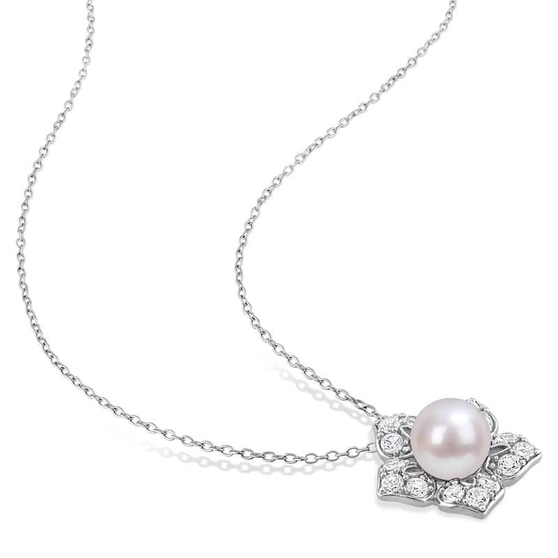 Miadora Cultured FW Pearl and Created White Sapphire Floral Necklace in Sterling Silver (8.5-9mm)