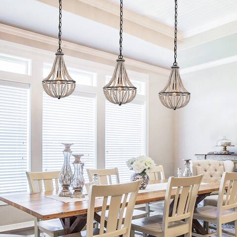 Modern Farmhouse Boho 1-Light Wood Beads Pendant Lights for Kitchen Island - Rustic Grey White - D10.2"*H15"