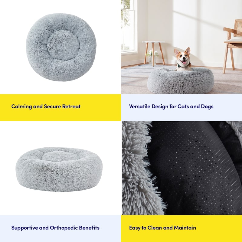 Round Calming Soft Warm Shaggy Plush Faux Fur Donut Pet Dog Cat Sleeping Bed