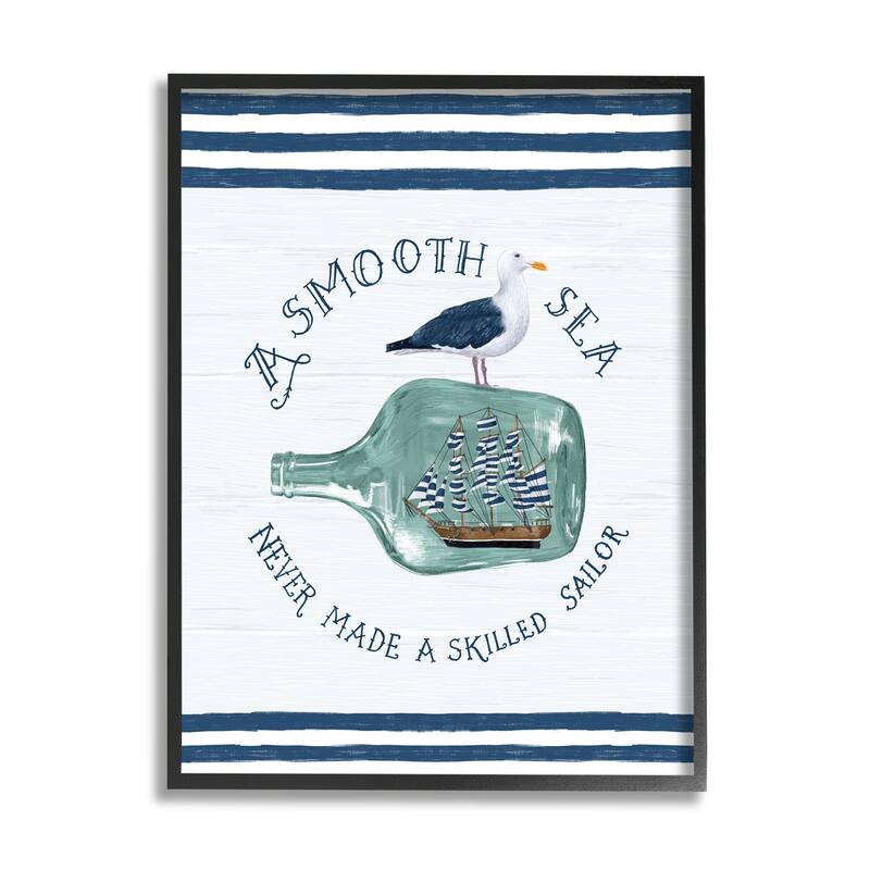 Stupell Ship In Bottle Seagull Striped Nautical Phrase Framed Wall Art, Design by Raquel Maciel - Blue - 11 x 14 - Black
