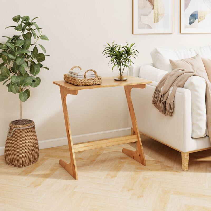 Costway Bamboo Sofa Side Table Z-Shaped Spacious Tabletop Space-Saving - See Details