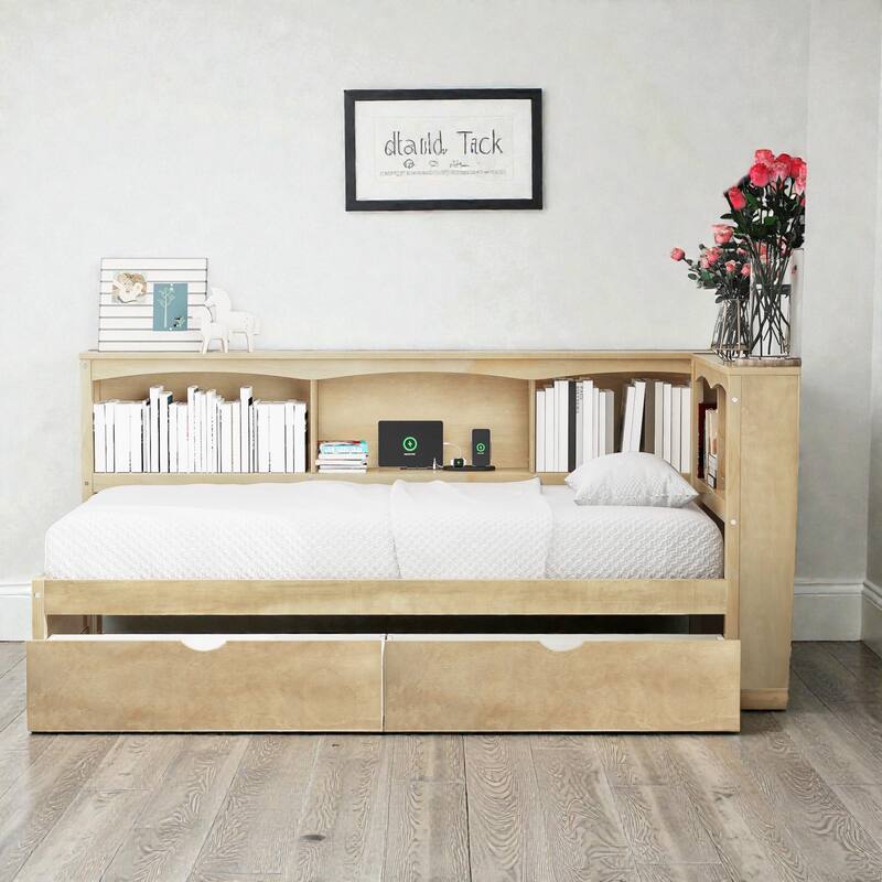 Twin Size Daybed with Storage Drawers, Side Cabinets and USB Ports, Wood Daybed Frame with Charging Station - Wood - Twin