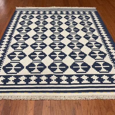 HERAT ORIENTAL Handmade Navy/Ivory Geometric Wool Kilim Rug - 5'6 x 7'11