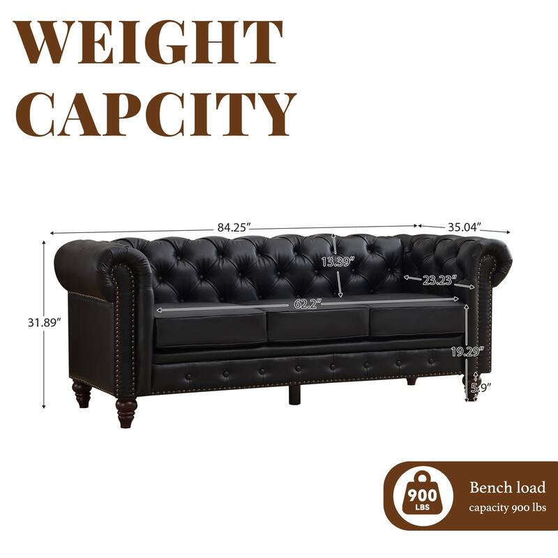 Vintage PU Button-Tufted Sofa Couch, Flared Arms, Rubberwood Legs & Nailhead Trim