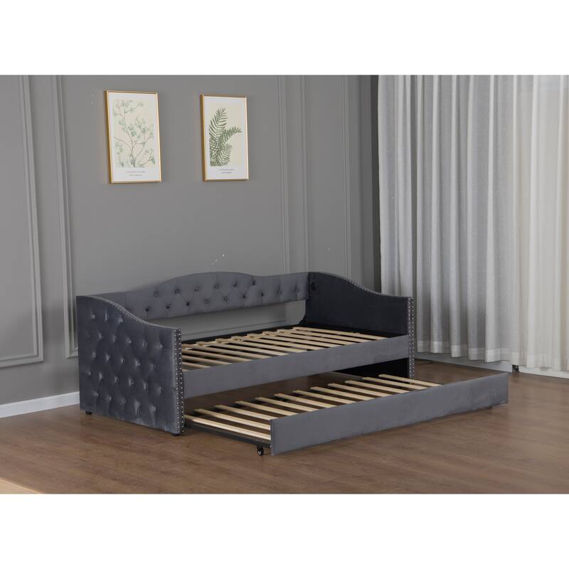 Twin Size Upholstered Daybed with Trundle, USB Charging, Wood Slat Support & Plush Velvet Fabric - Gray