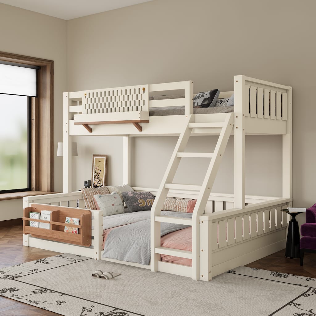 Roomfitters Bunk Bed with Bookshelf and Pegboard, Solid Wood Split Frame