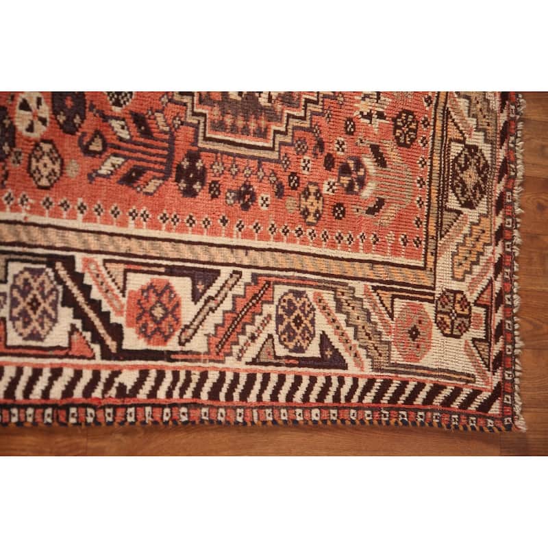 Tribal Shiraz Persian Antique Area Rug Hand-Knotted Coral Wool Carpet - 3'5"x 4'9"