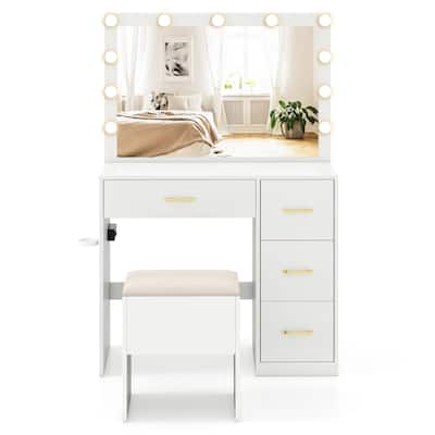 Gymax Vanity Desk with Mirror & Lights Dressing Table w/ Storage Stool