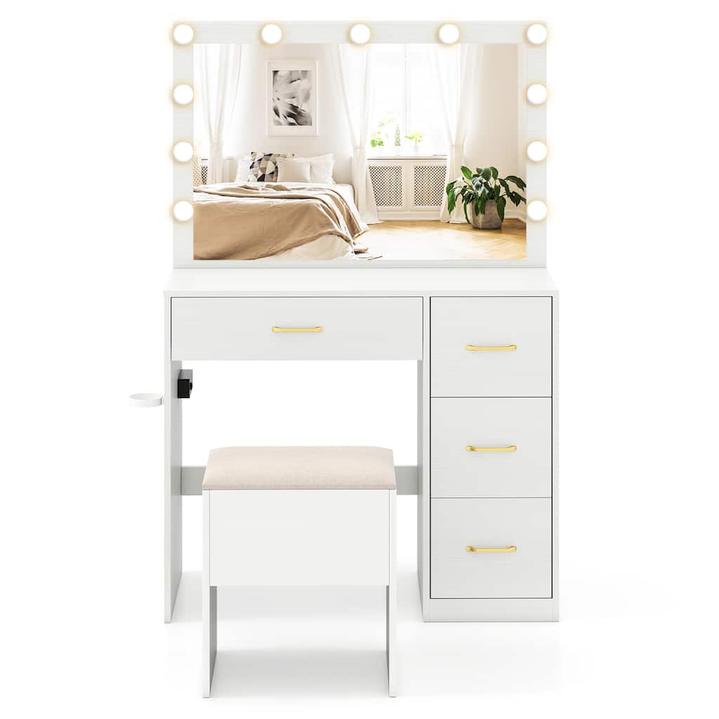 Gymax Vanity Desk with Mirror & Lights Dressing Table w/ Storage Stool