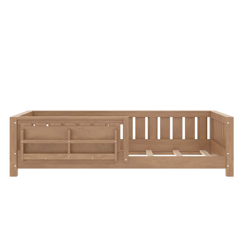 Low Profile Montessori Bed Floor Platform Bed with Fence and Bookshelf