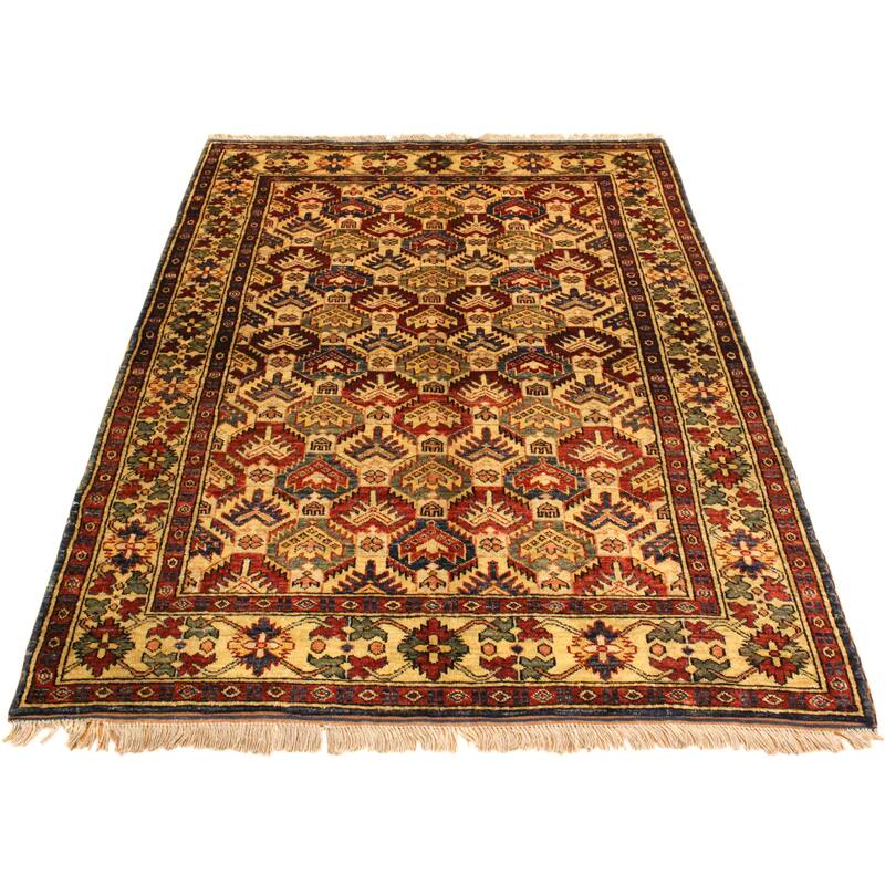 Caucasian Super Kazak Kairo Gold/Blue Hand Knotted Wool Rug - 4'3'' x 5'6''