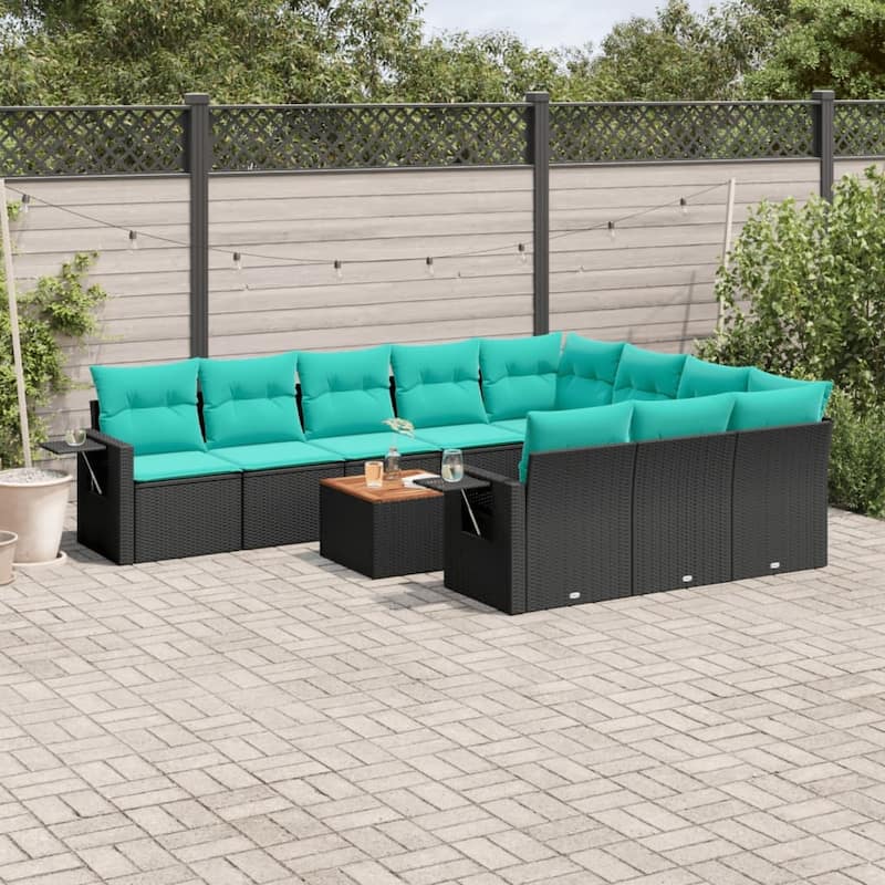 vidaXL 11 Piece Patio Sofa Set with Cushions Black Poly Rattan - 24.4 x 24.4 x 27.2 - Black-6x middle + 2x corner + Table