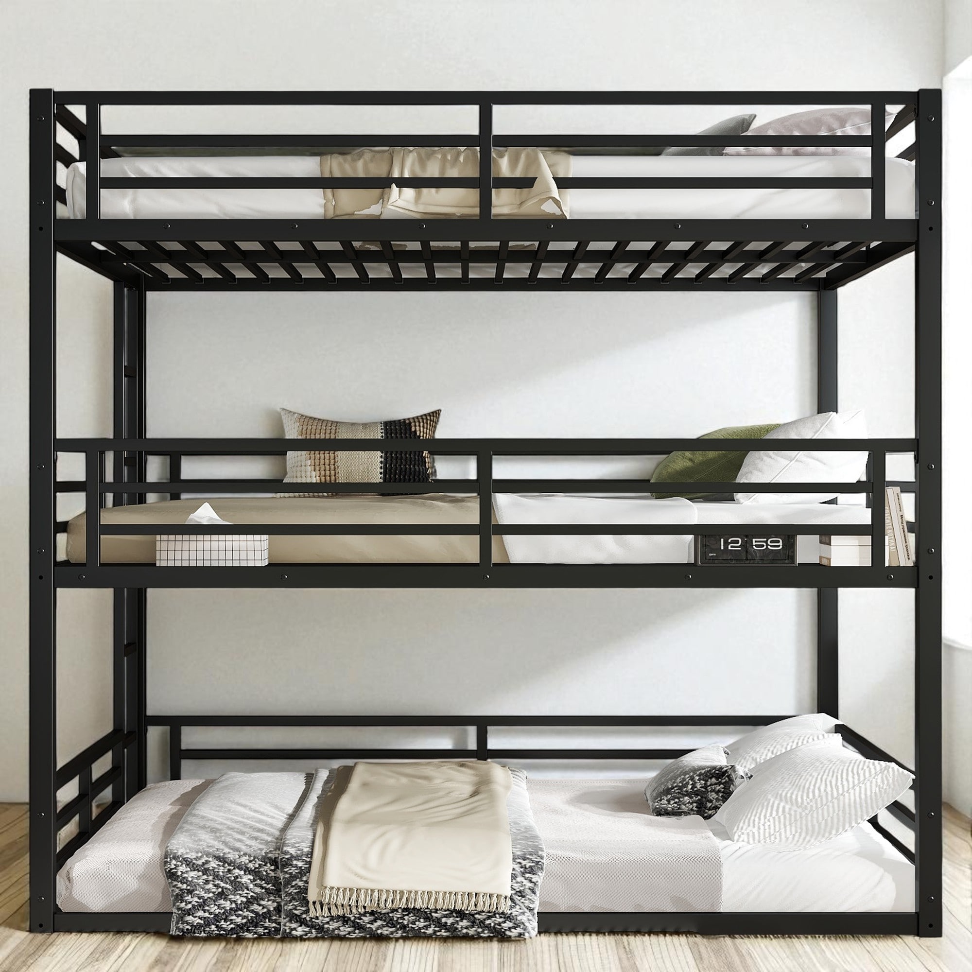 Queen Over Full XL Over Queen Metal Triple Bunk Bed with Guardrails and Ladder, Heavy-Duty Space-Saving Frame