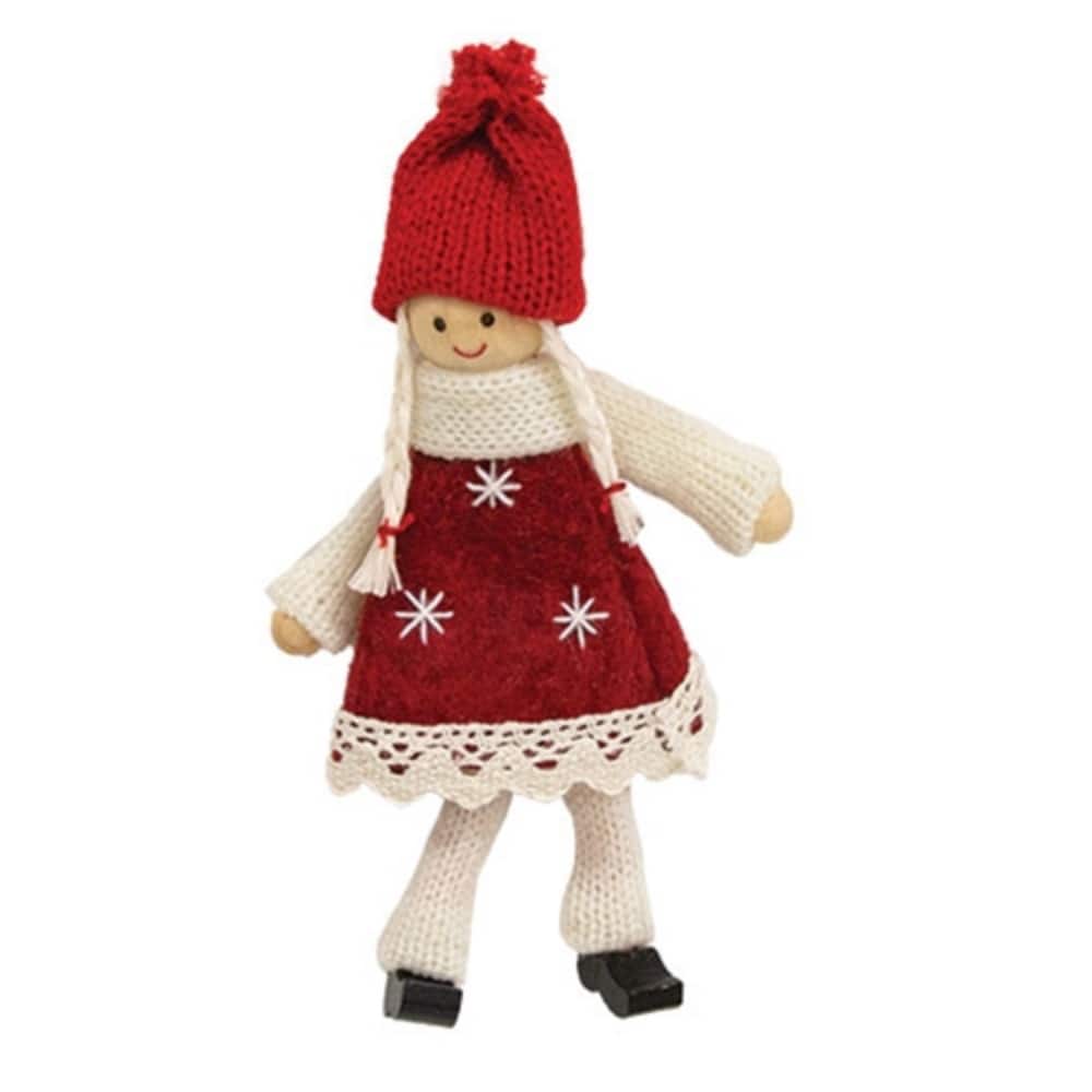 Girl with Red Dress Christmas Ornament 6 Inch Holiday Tree Decor with Snowflake Embroidery Braids and Winter Hat