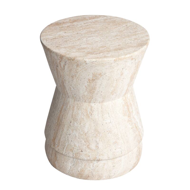Hourglass Travertine Stone Finish Italian Design MgO Side Accent Table - 14.4"x14.4"x17.7"