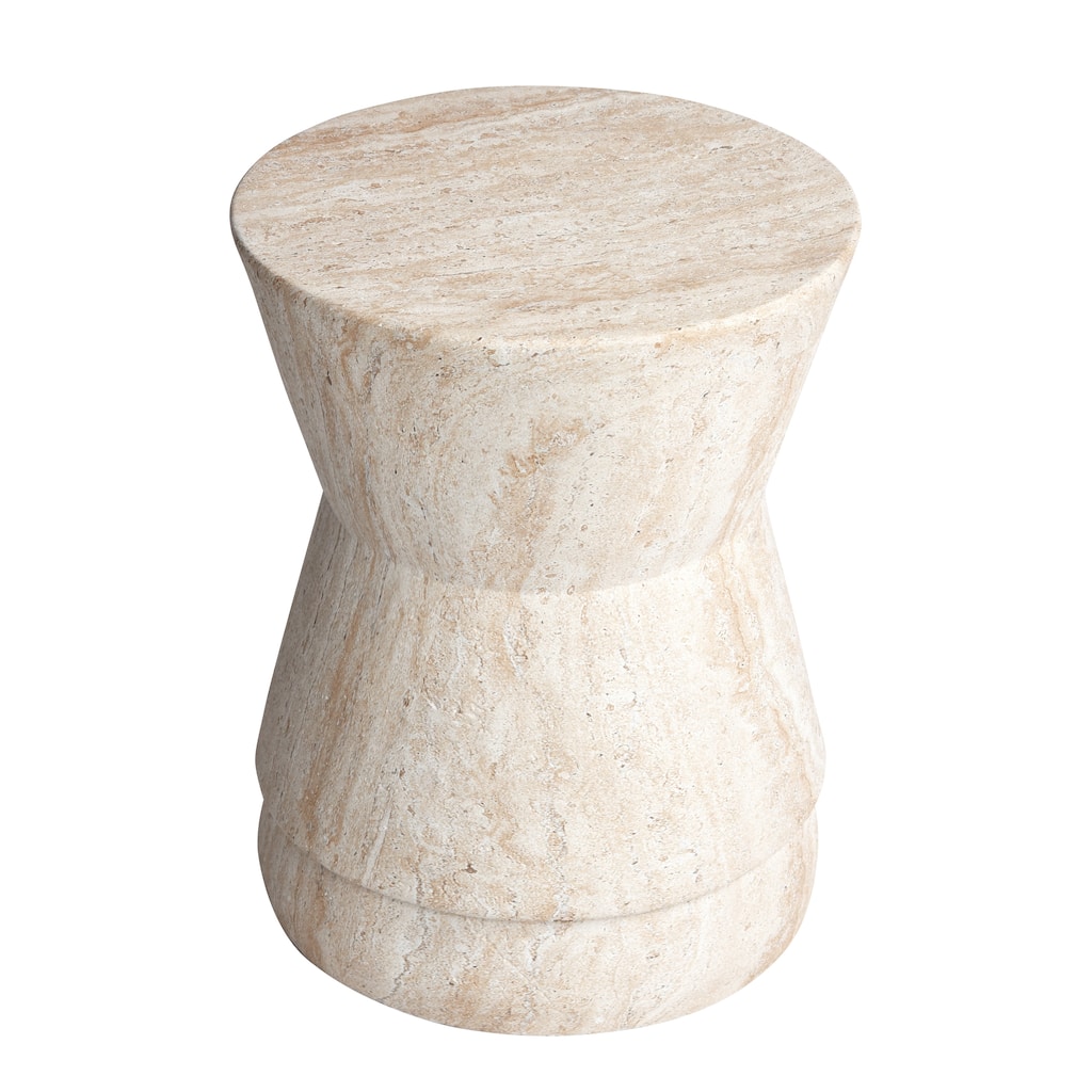 Hourglass Travertine Stone Finish Italian Design MgO Side Accent Table - 14.4"x14.4"x17.7"