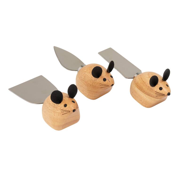 3-Piece Rubberwood & Stainless Steel Cheese Knives with Mouse Shaped Handles - 5.25"L x 1.5"W x 1.5"H