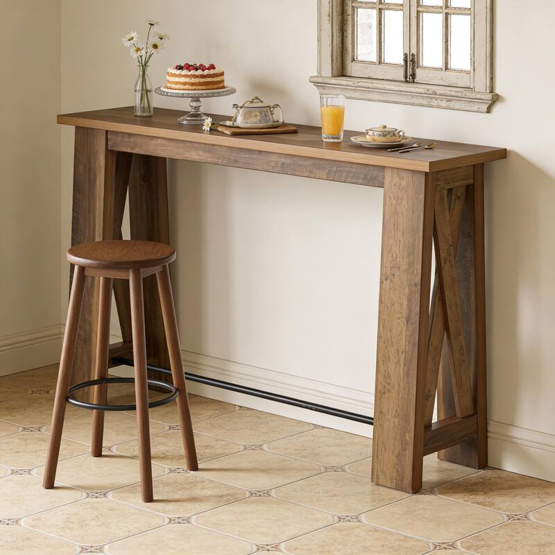 Console Table with Metal Footrest, 63" Counter Height Entryway Table, Narrow Kitchen Dining Table