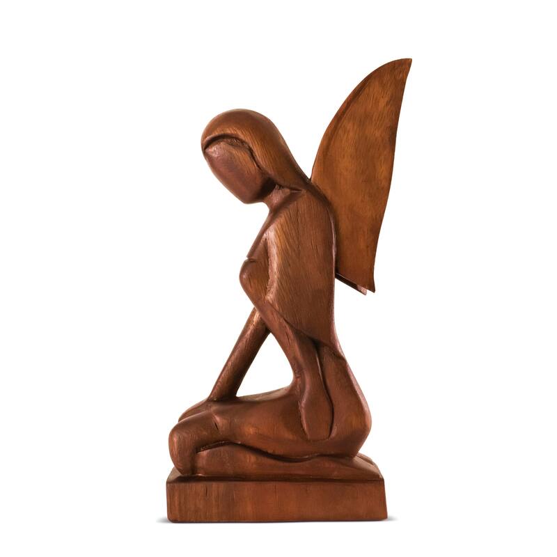 12" Wooden Handmade Abstract Sculpture Statue Handcrafted "Kneeling Angel" Gift Home Decor Figurine Accent Artwork Hand Carved