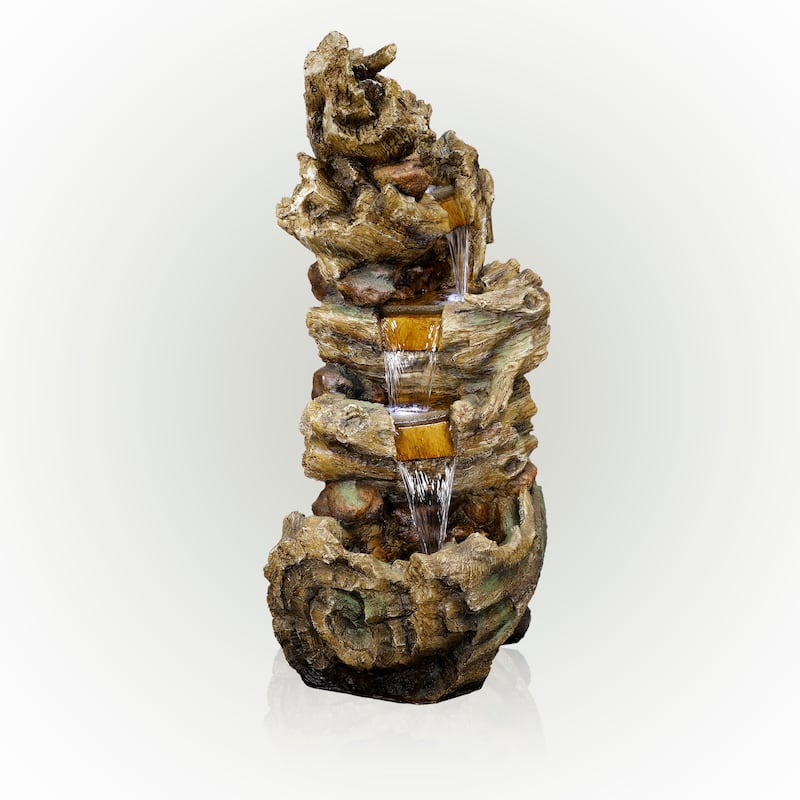 Alpine Corporation 47" Tall Outdoor 5-Tier Tree Trunk Waterfall Floor Fountain with LED Lights