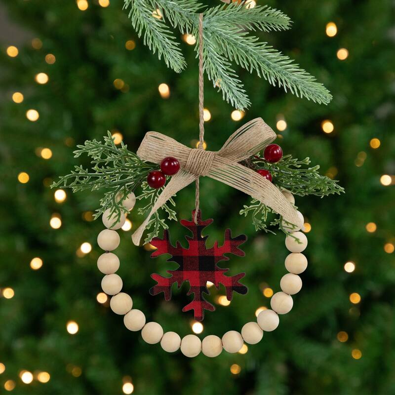 Buffalo Plaid Snowflake Wooden Beads Christmas Wreath Ornament - 7" - 5.5"