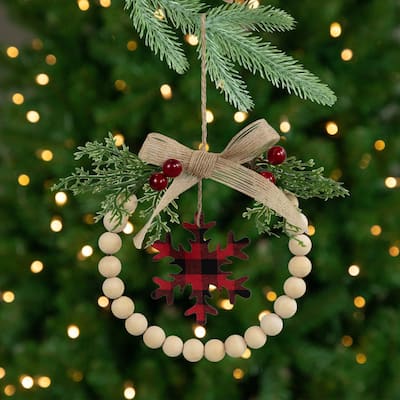 Buffalo Plaid Snowflake Wooden Beads Christmas Wreath Ornament - 7" - 5.5"