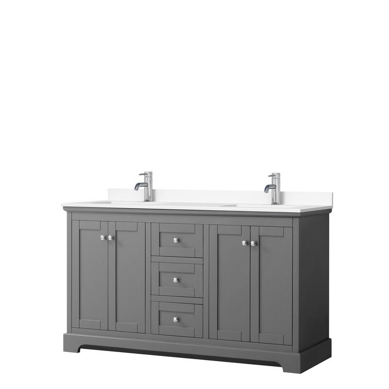 Avery 60 Inch Double Vanity, Cultured Marble Top - Dark Gray, Chrome Trim, White Cultured Marble Top