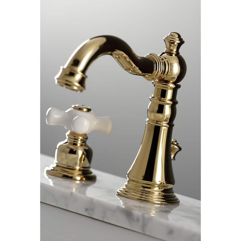 Kingston Brass American Classic Two-Handle 3-Hole Deck Mount Widespread Bathroom Faucet with Pop-Up Drain