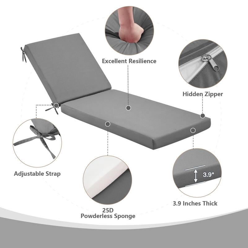 Outdoor Patio Lounge Chair Cushion - Waterproof, UV-Resistant, Striped Design with Removable Cover, Adjustable Straps
