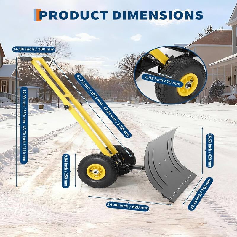 29x16.53 In Heavy Duty Rolling Snow Shovel With Wheels Double Armrests - 29x16.53 In
