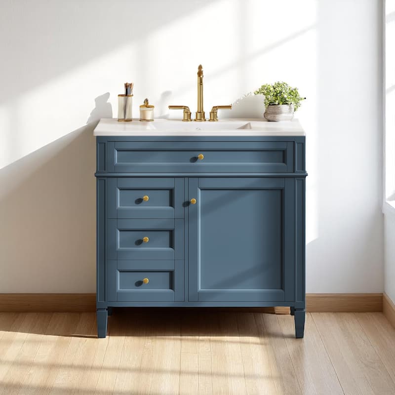 Modern 36 Inch Bathroom Vanity with Sink, Soft-Close Storage Drawers, Tip-Out Drawer, Solid Wood Frame Cabinet - Blue