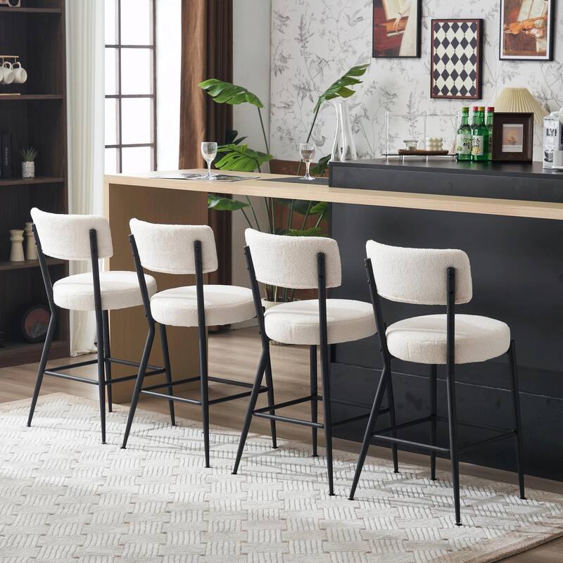 Set of 4 Modern Teddy Fabric Upholstered Bar Stools - Metal Base High Stools