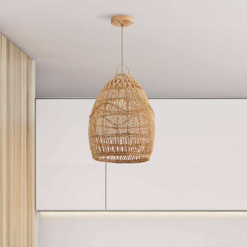 Perio Brown Rattan Pendant Light – Medium Rattan Pendant Lighting Fixture for Kitchen & Bedroom in Modern, Scandinavian Style