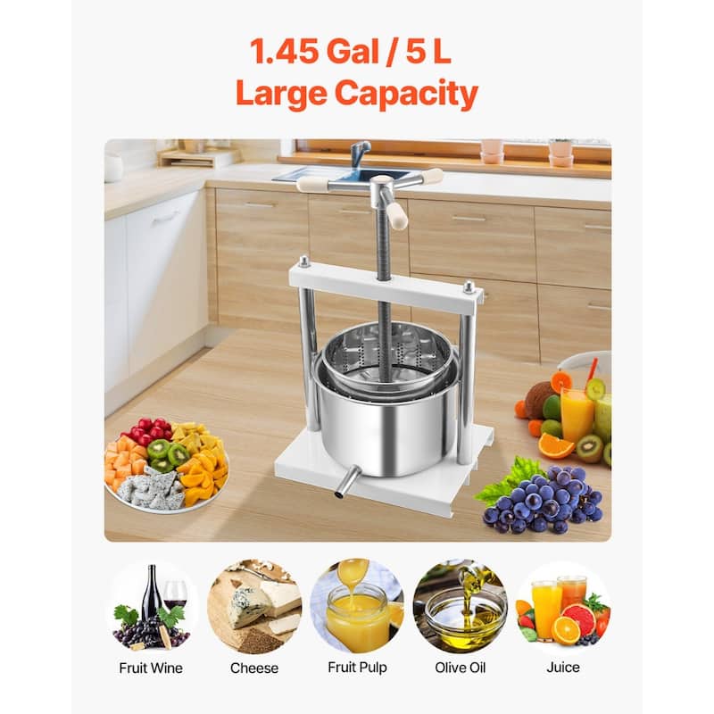 5L Stainless Steel Manual Fruit Wine Press Grape Juicer with Non-Slip Handle for Wine Extraction - 300x225x445 mm