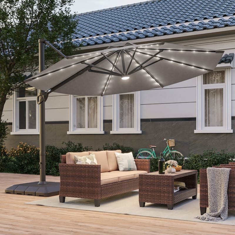 Bonosuki 11Ft Aluminum LED Cantilever Patio Umbrella with Base for Patio Deck Garden - Light Gray