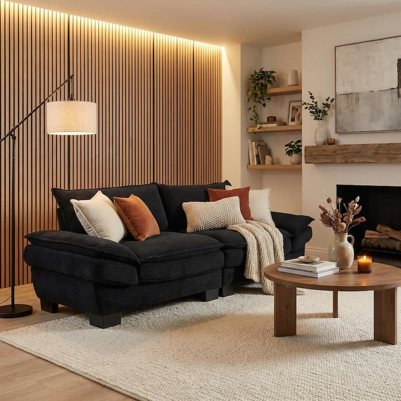 HOMYLIN 84" Black Corduroy Loveseat Sofa, 2 Seat Upholstered Couch