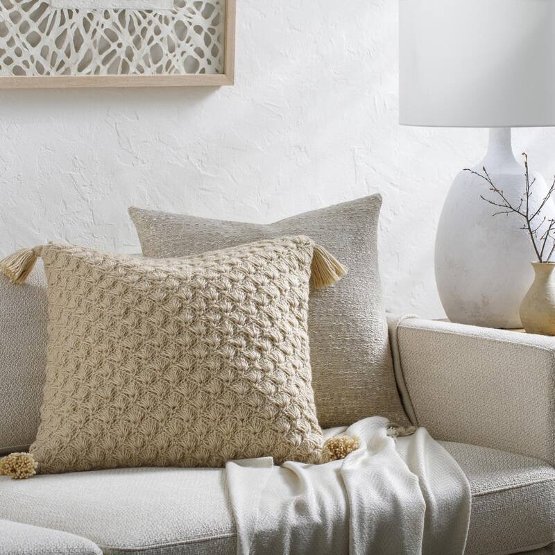 Artistic Weavers Kalae Crochet Shell Pattern Throw Pillow - 18x18 Down Insert - Light Brown