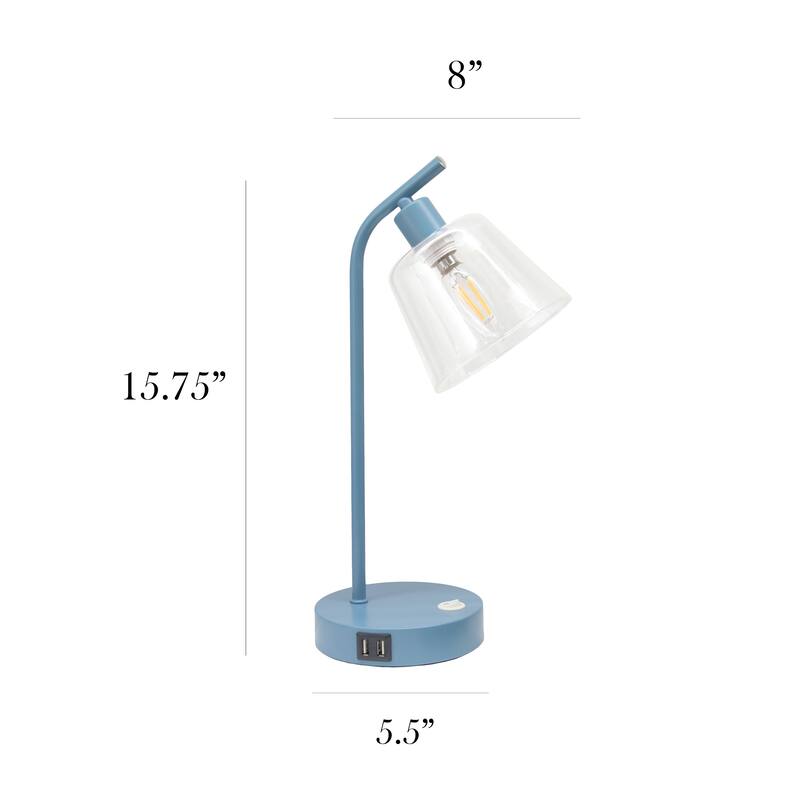 Modern Industrial Desk Lamp with Clear Glass Shade and Dual USB Charging Ports Multiple Colors - 8" (L) x 5.5" (W) x 15.75" (H)