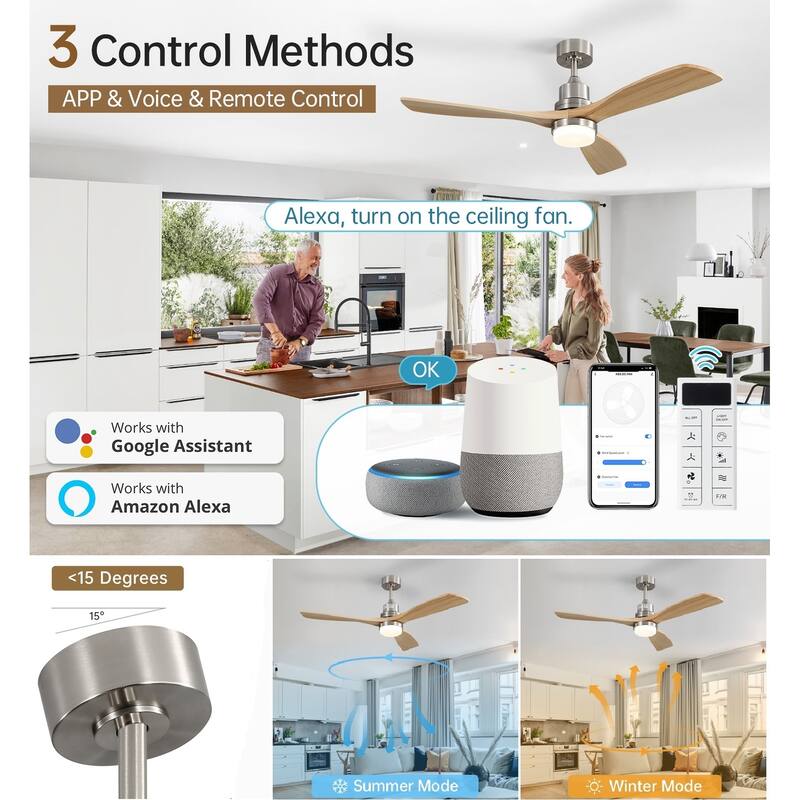 52 inch Smart Solid Wood Ceiling Fan with Intetraged Light and Remote,Google Assistant/Alexa APP Control